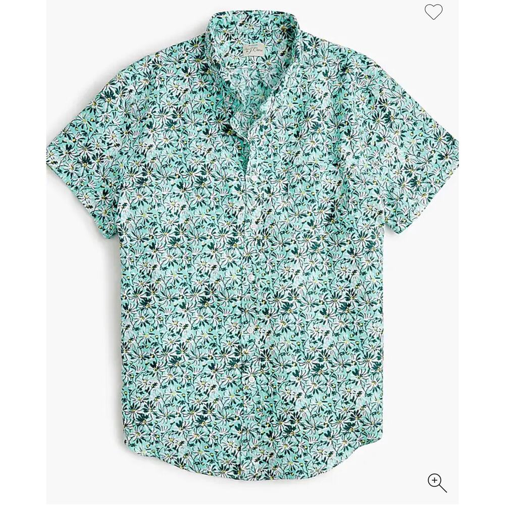 J.Crew 100% Linen Floral Green Short Sleeve Shirt Button Down Men Classic Fit M